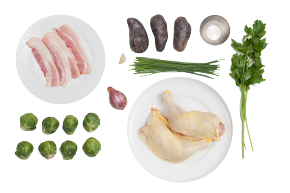 Pan-Seared Chicken Legs with Purple Smashed Potatoes, Brussels Sprouts & Warm Bacon Vinaigrette ingredients