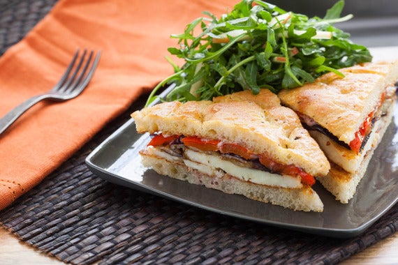 Seared Halloumi Sandwiches on Focaccia with Roasted Vegetables & Fuji Apple Salad