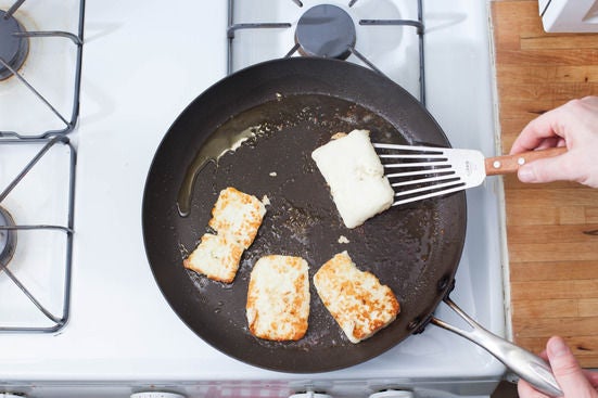Sear the halloumi: