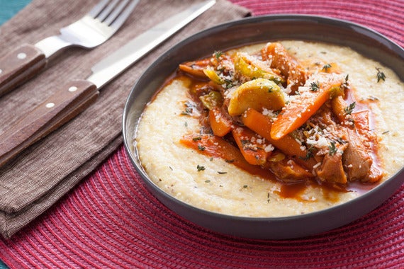 Braised Carrots, Mushrooms & Brussels Sprouts with Creamy Polenta