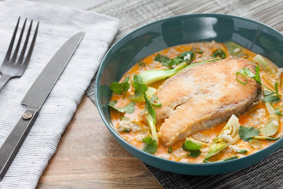 Coconut Curry Salmon Steaks with Celery & Bok Choy over Barley