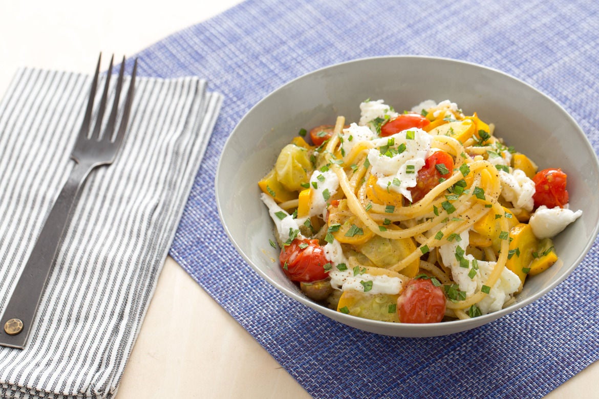 Recipe Fresh Tonnarelli Pasta & Zucchini with Heirloom Cherry Tomatoes & Fresh Mozzarella