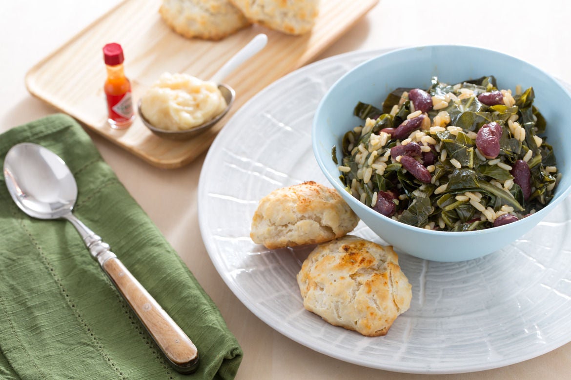 Recipe Red Bean & Collard Green Dirty Rice with Buttermilk Biscuits & Honey Butter Blue Apron
