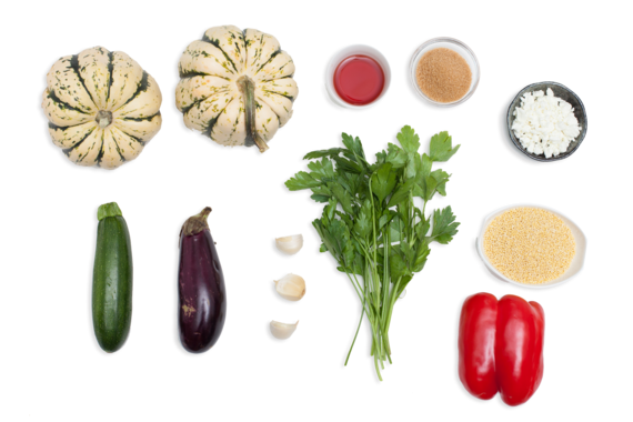 Baked Sweet Dumpling Squash with Millet & Caponata ingredients