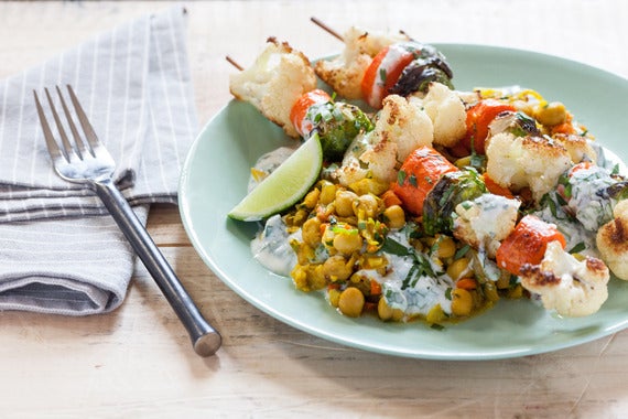 Roasted Vegetable Kebabs with Curried Chickpeas & Yogurt Sauce