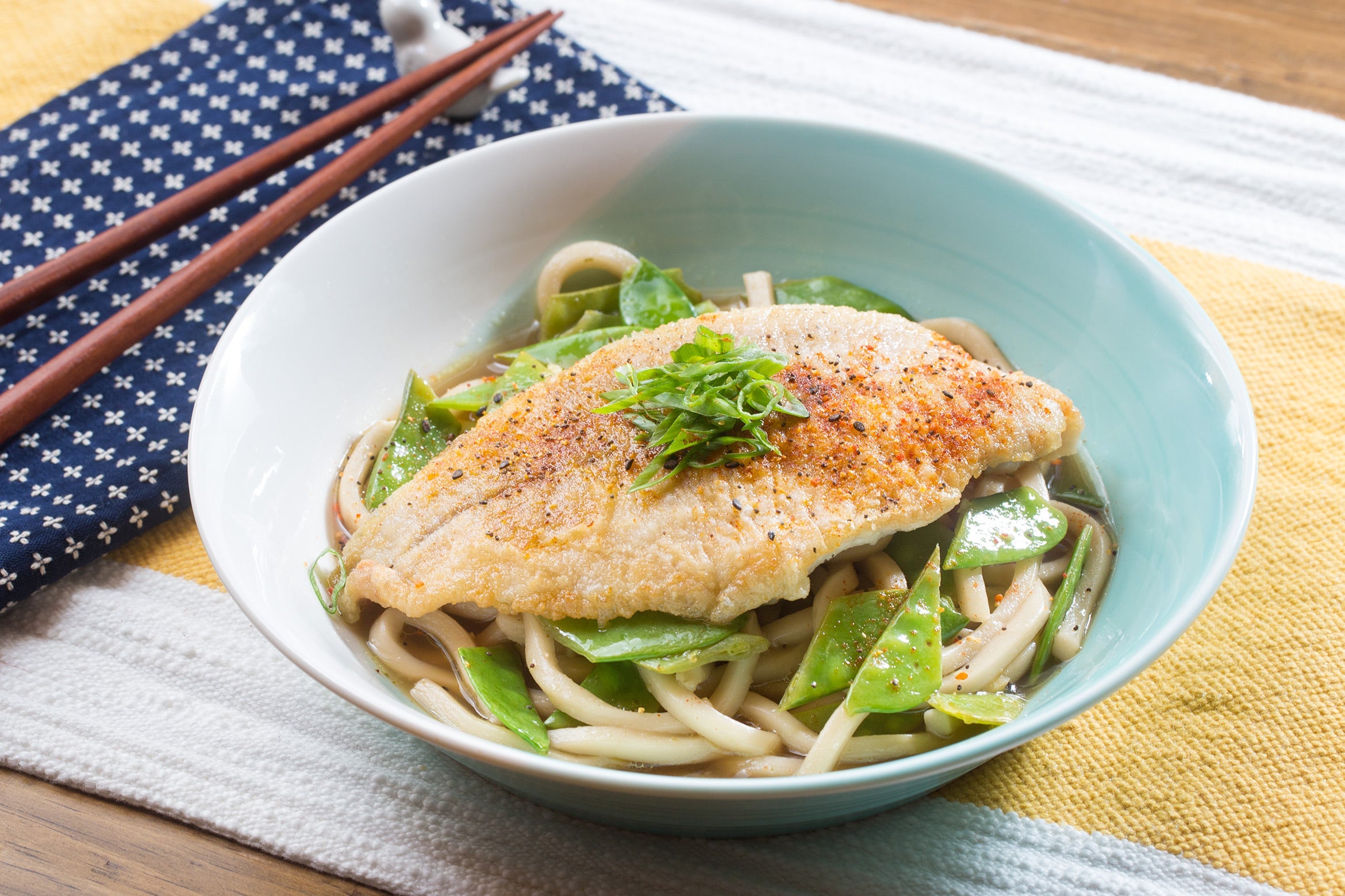 Recipe: Crispy Catfish & Yuzu-Kosho Udon with Snow Peas