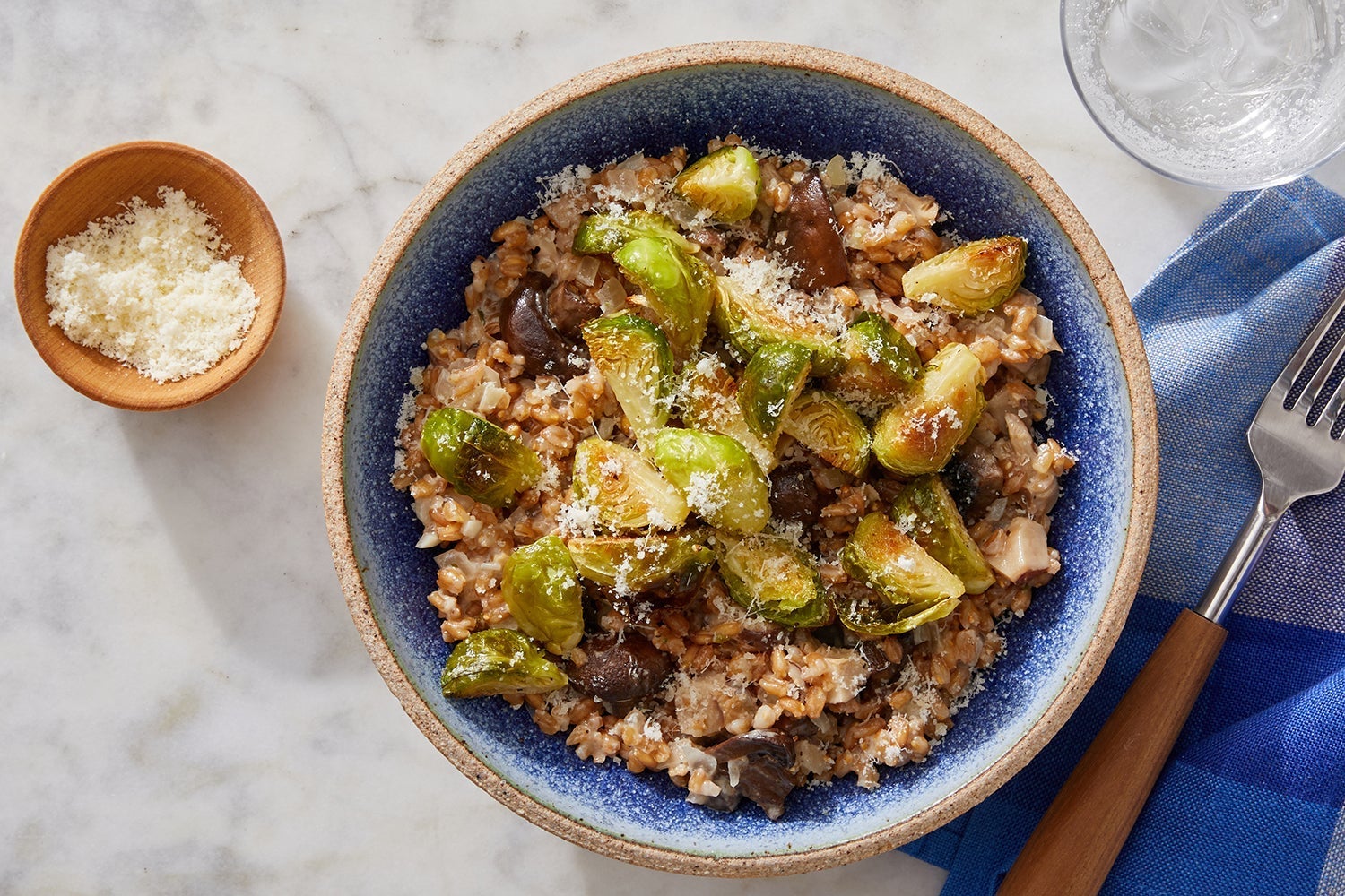 Recipe Mushroom Farrotto with Roasted Brussels Sprouts & Parmesan