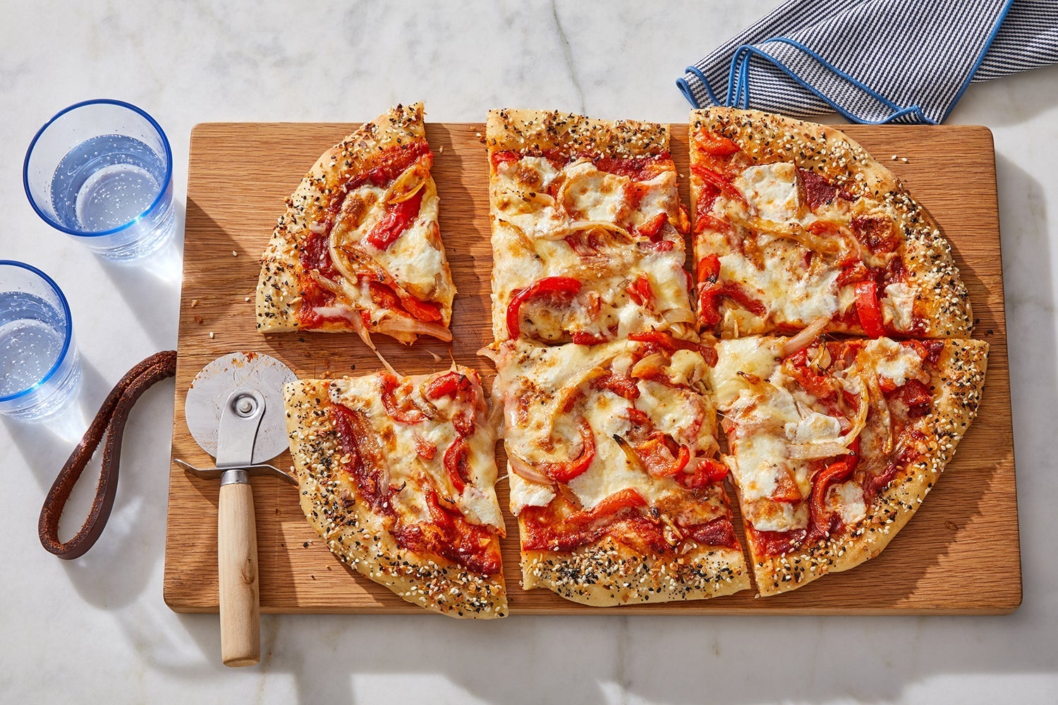Everything Bagel-Crusted Pizza with Onion, Bell Pepper & Smoked Gouda Cheese-image