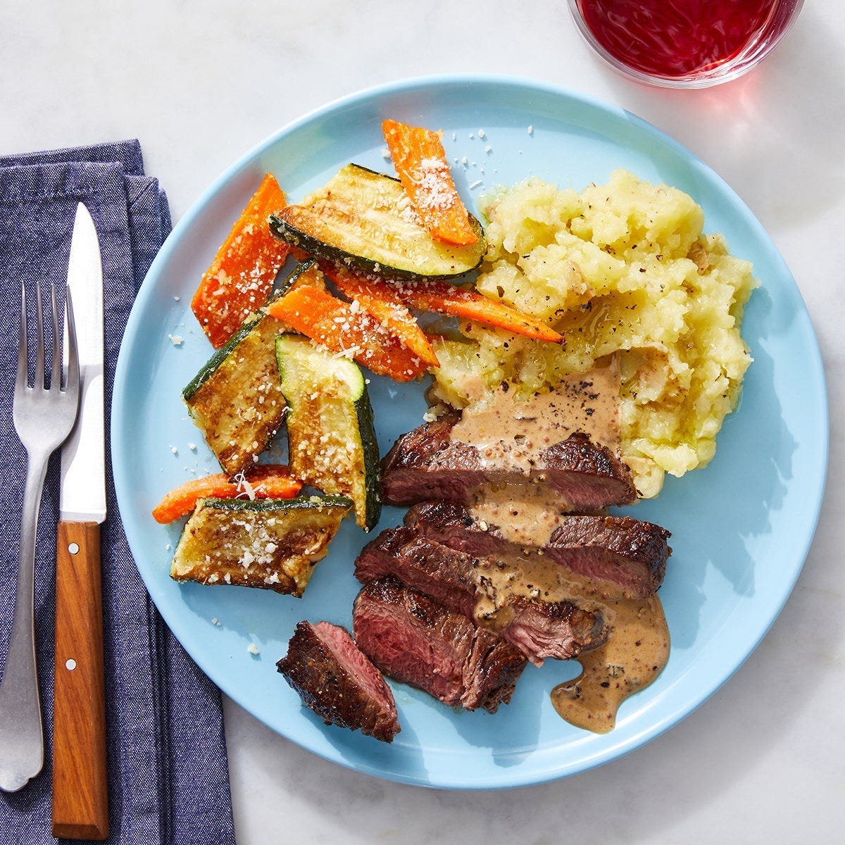 Recipe Seared Steaks & Dijon Pan Sauce with Mashed Potatoes & Roasted
