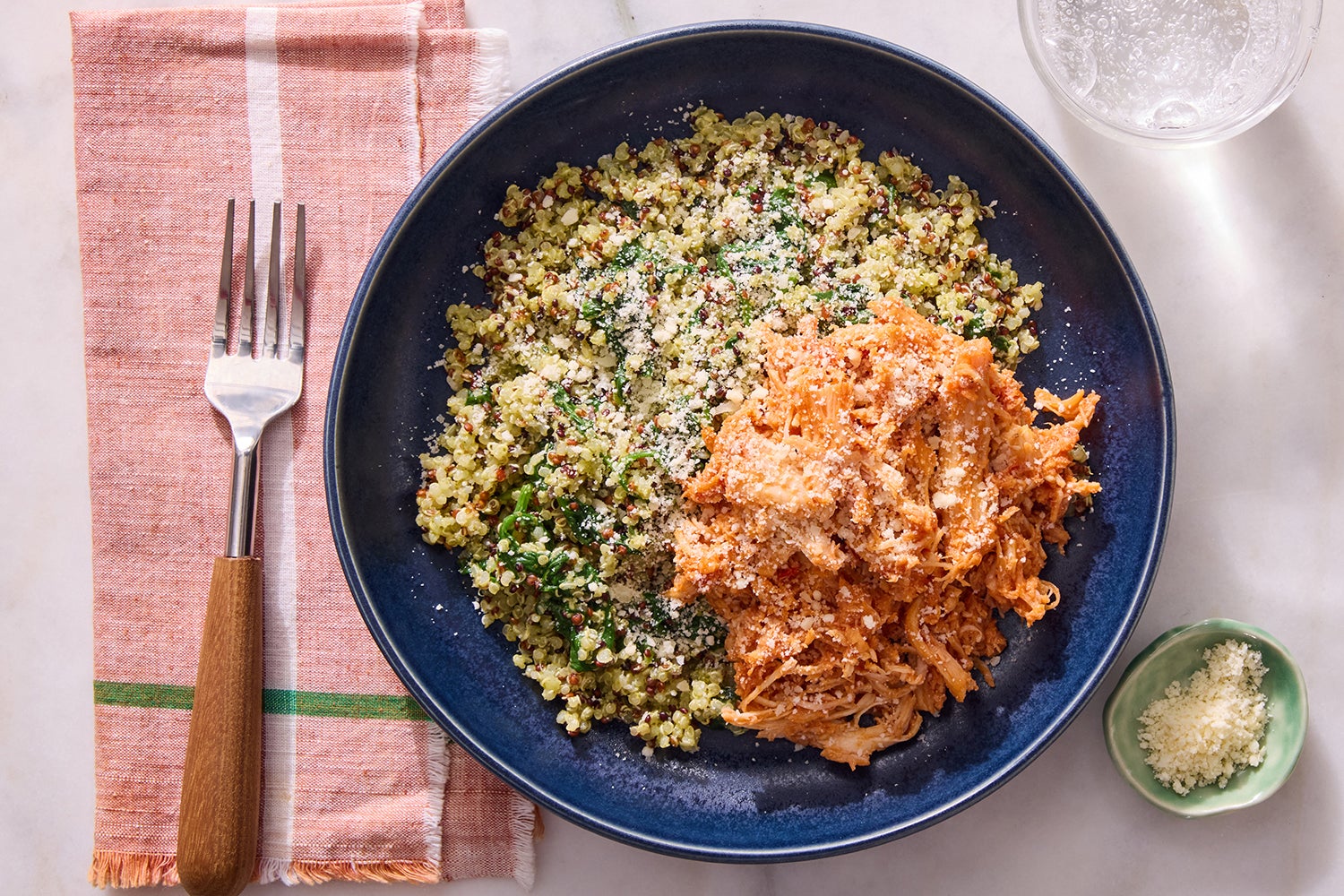 Recipe Spicy Pulled Chicken & Quinoa with Spinach, Pesto & Parmesan