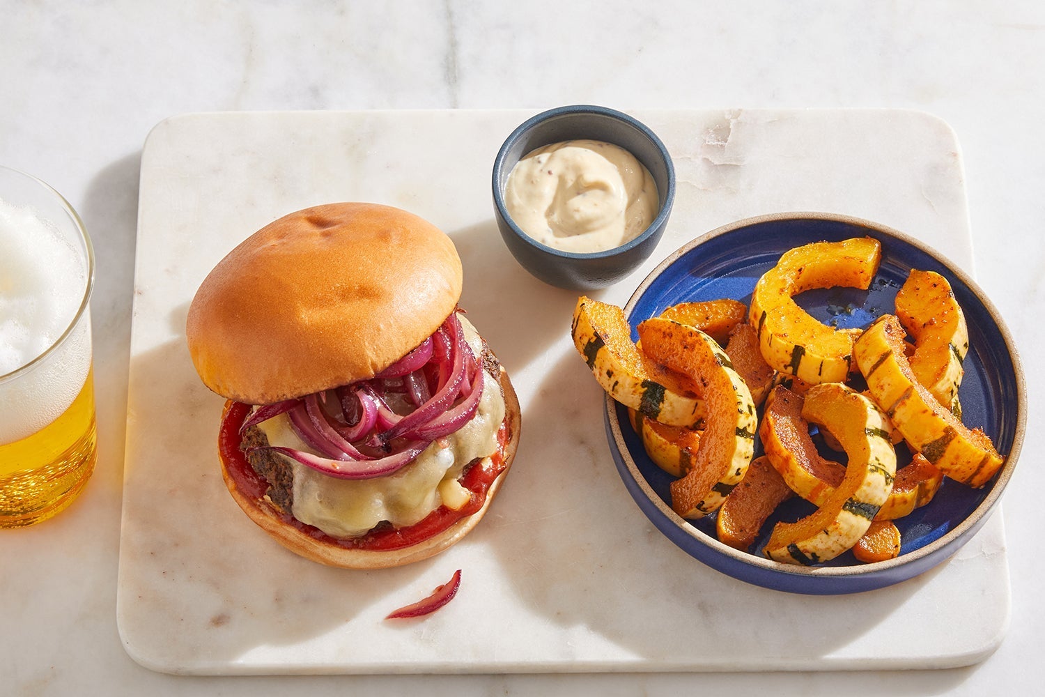 Recipe SmokySpiced Cheeseburgers & Glazed Onion with Roasted Squash