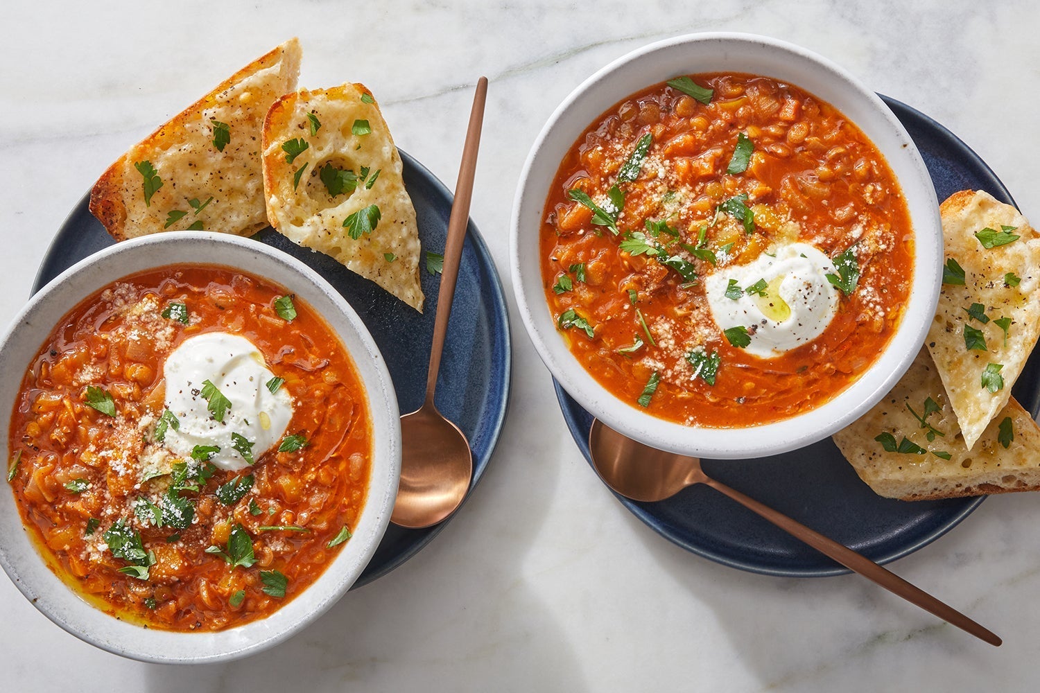 Recipe Romesco Lentil Soup & Cheesy Bread with Parsley & Labneh Blue