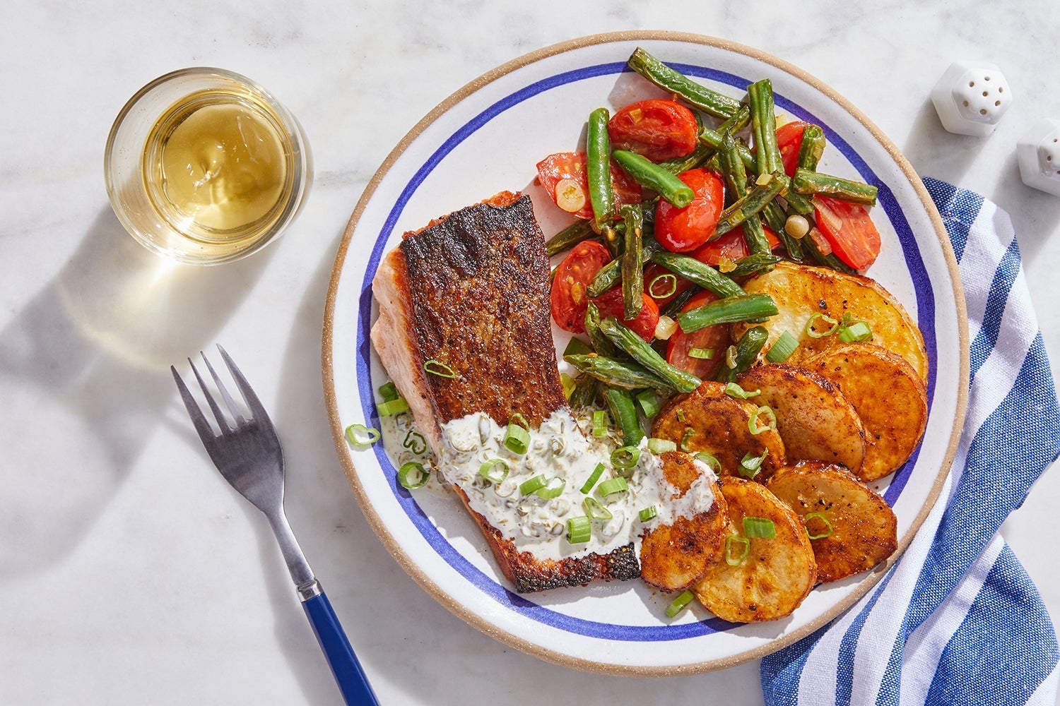 Recipe Crispy Skin Salmon & Caper Mayo with Roasted Potatoes & Sautéed