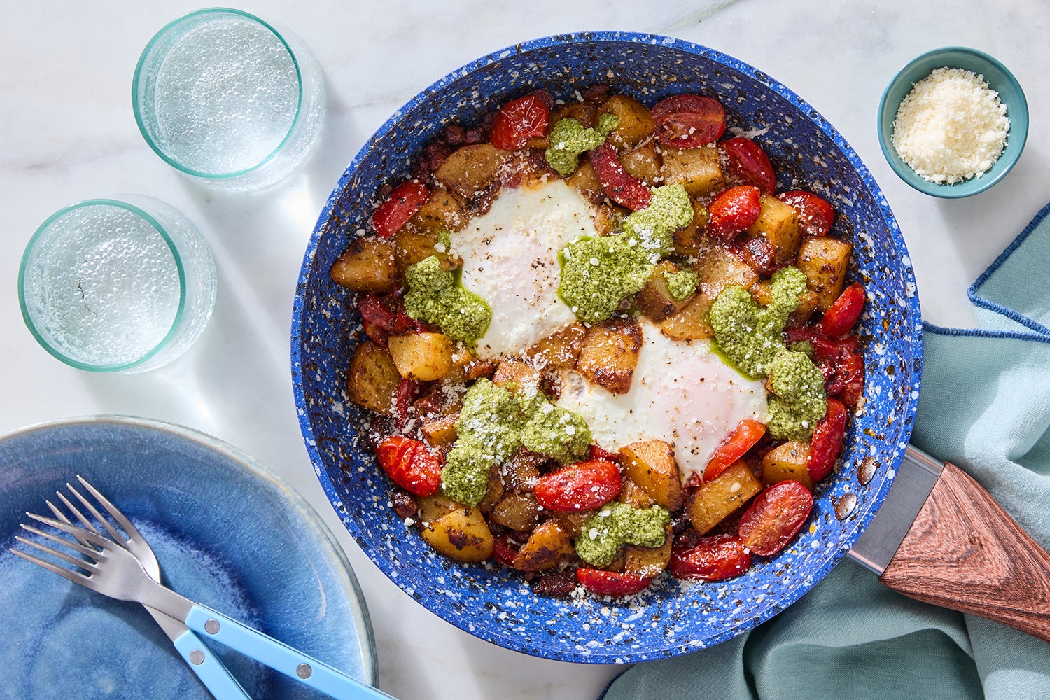 Recipe Pancetta & Potato Hash with Eggs, Tomatoes & Pesto Blue Apron