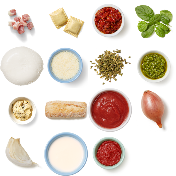 Recipe Pancetta & Five Cheese Ravioli Bake with Basil Pesto & Garlic