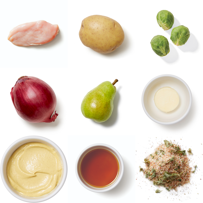 Recipe Pork Chops & Pear Pan Sauce with Roasted Potatoes, Brussels