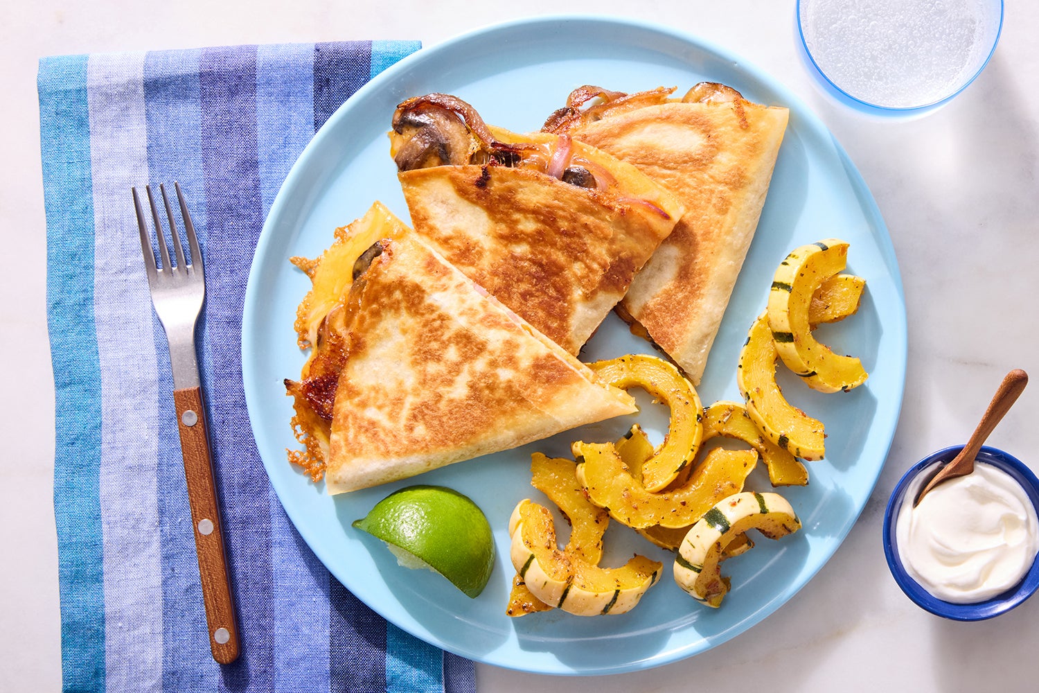 Recipe Cheesy Vegetable Quesadillas with Roasted Squash & Lime Yogurt