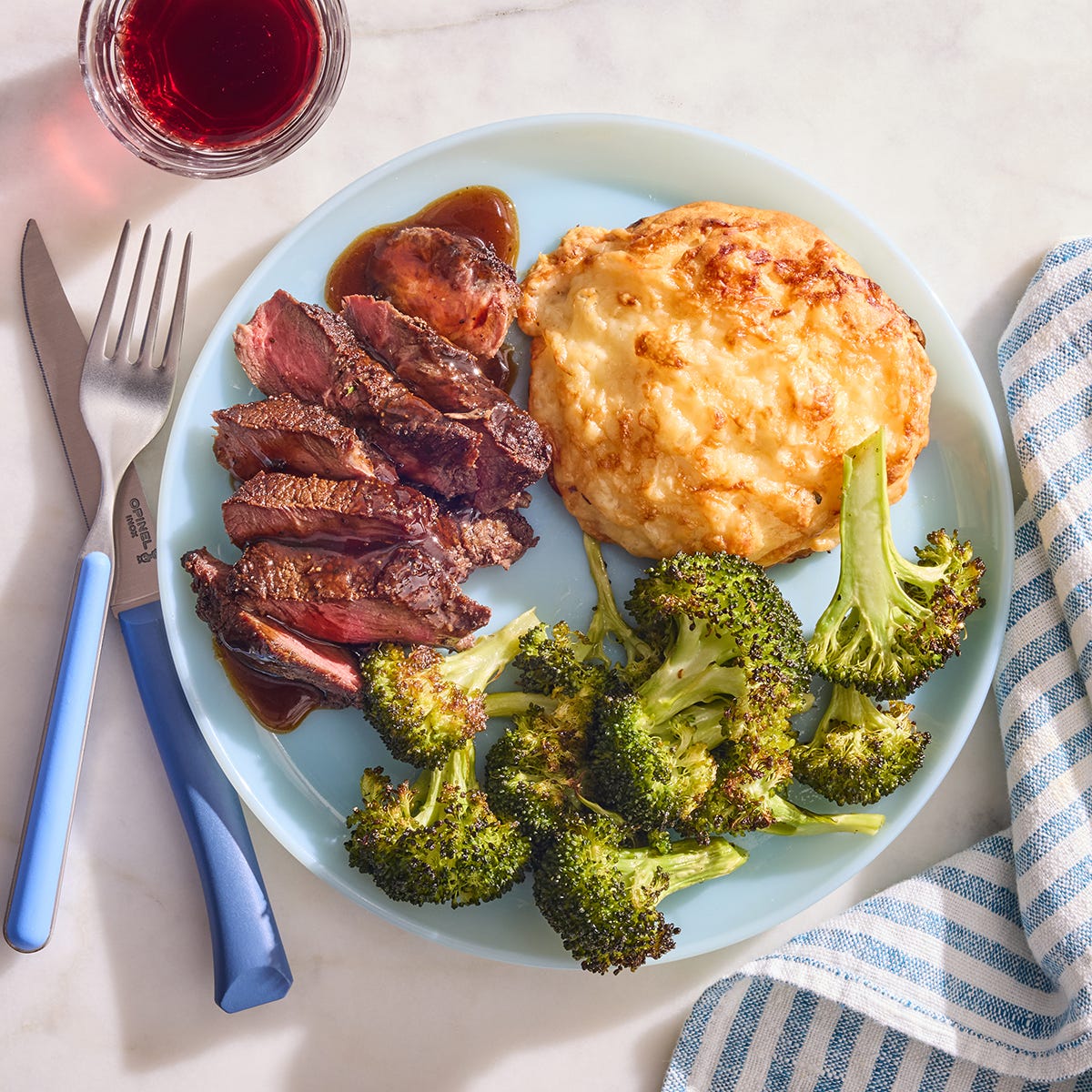 Recipe Steak & Cheesy Homemade Biscuits with Roasted Broccoli Blue Apron
