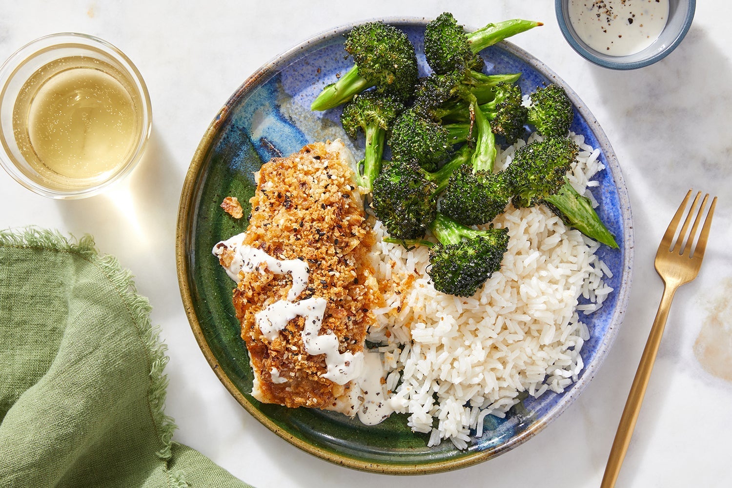 Recipe Crispy CurryLime Cod with Broccoli, Rice & Lime Mayo Blue Apron