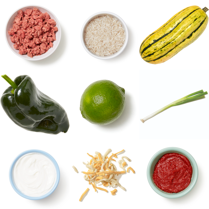 Recipe Cheesy Sausage Stuffed Delicata Squash with Rice & Lime Yogurt