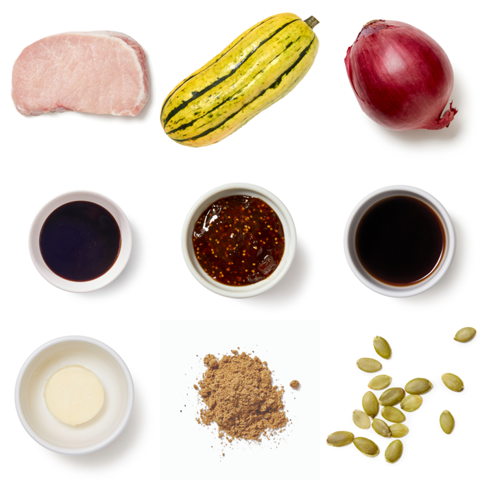 Recipe Pork Chops & Pomegranate Pan Sauce with Roasted Vegetables