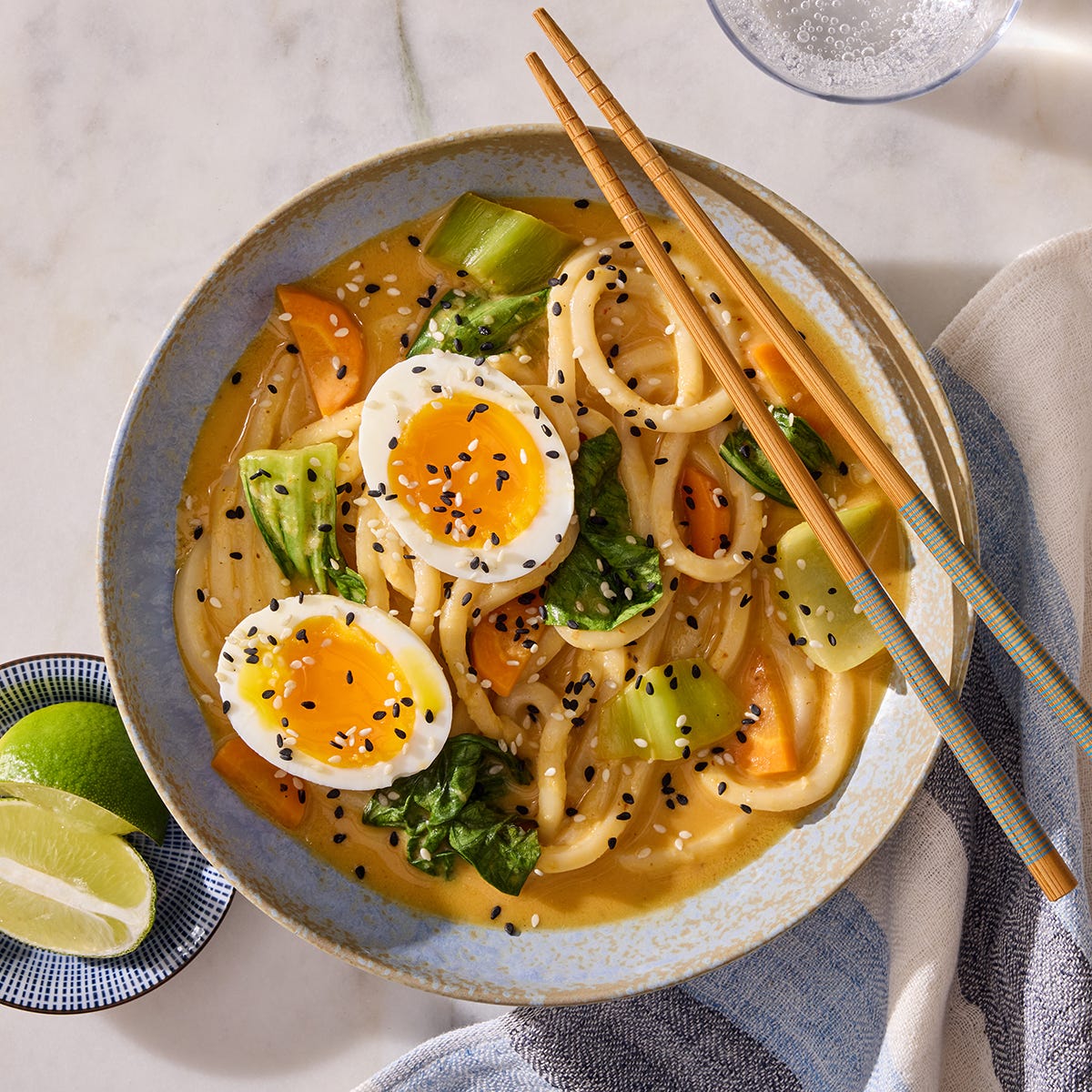 Recipe Coconut Curry & Udon Soup with Bok Choy, Carrots & Jammy Eggs