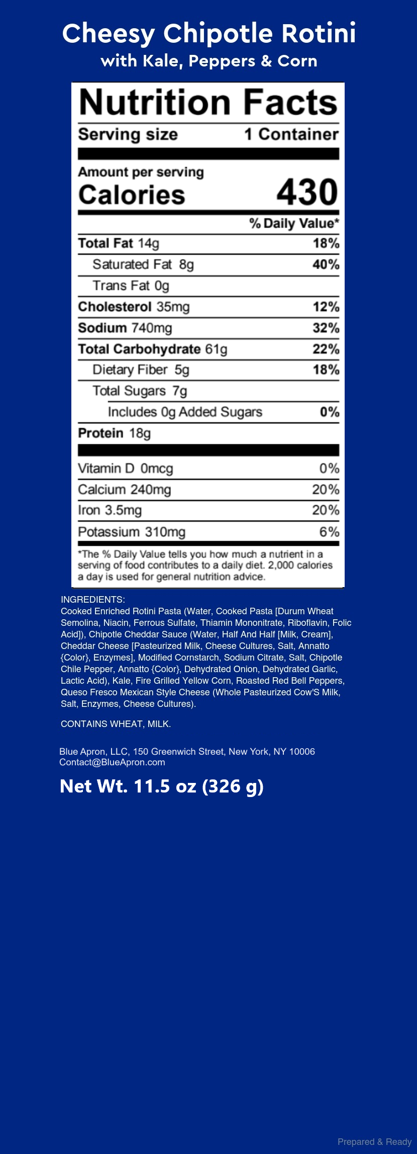 Recipe Cheesy Chipotle Rotini with Kale, Peppers & Corn Blue Apron