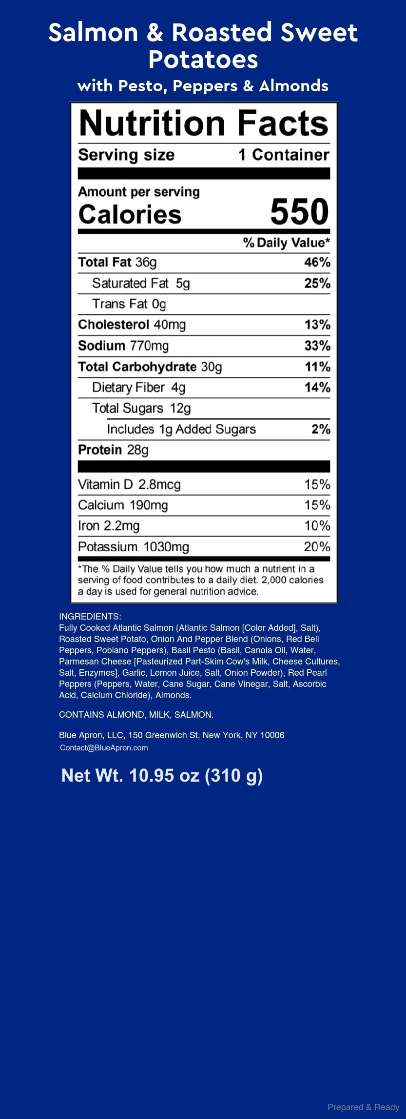 Recipe Salmon & Roasted Sweet Potatoes with Pesto, Peppers & Almonds