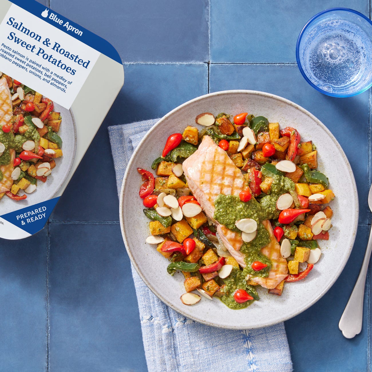 Recipe Salmon & Roasted Sweet Potatoes with Pesto, Peppers & Almonds