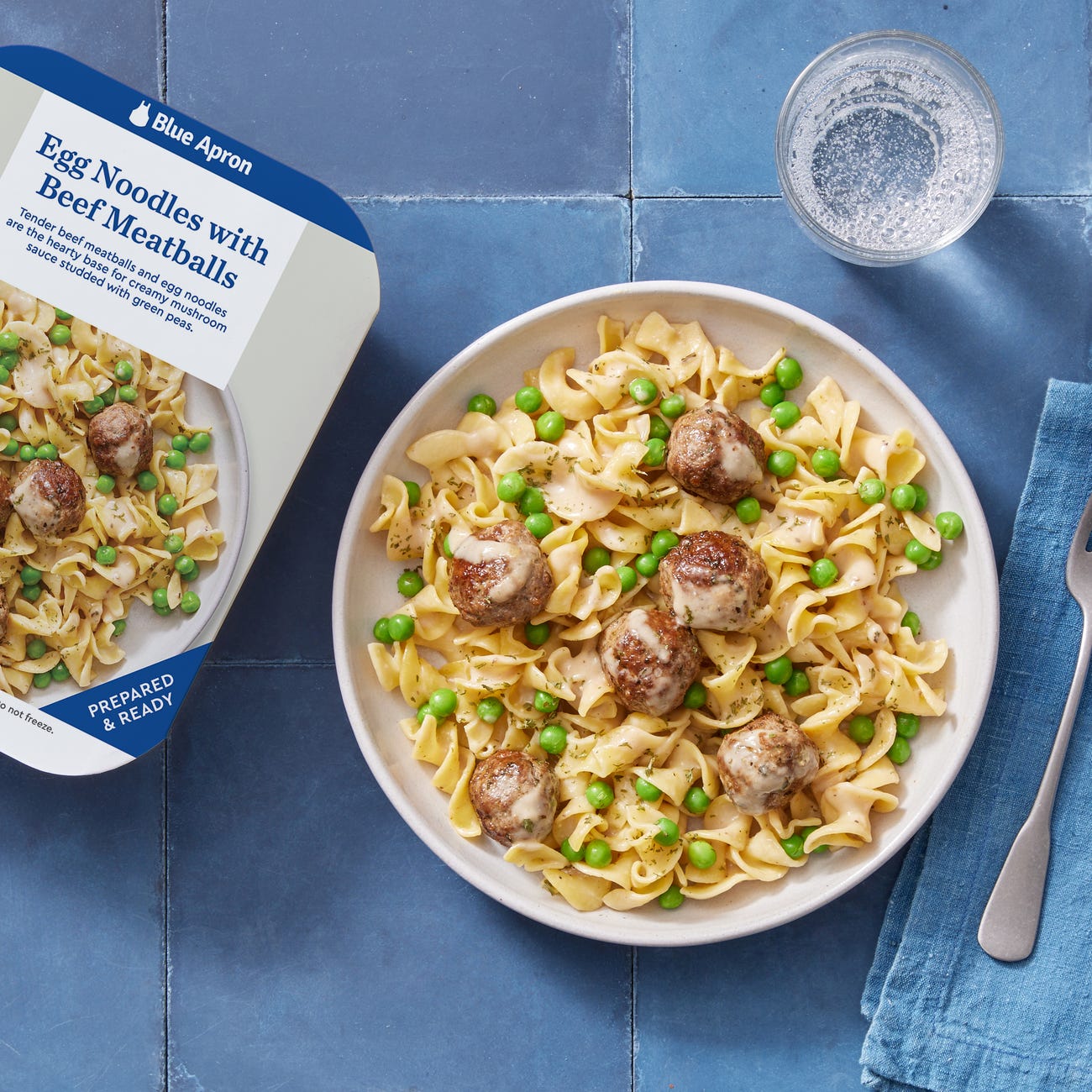 Recipe Egg Noodles & Beef Meatballs with Creamy Mushroom Sauce & Peas