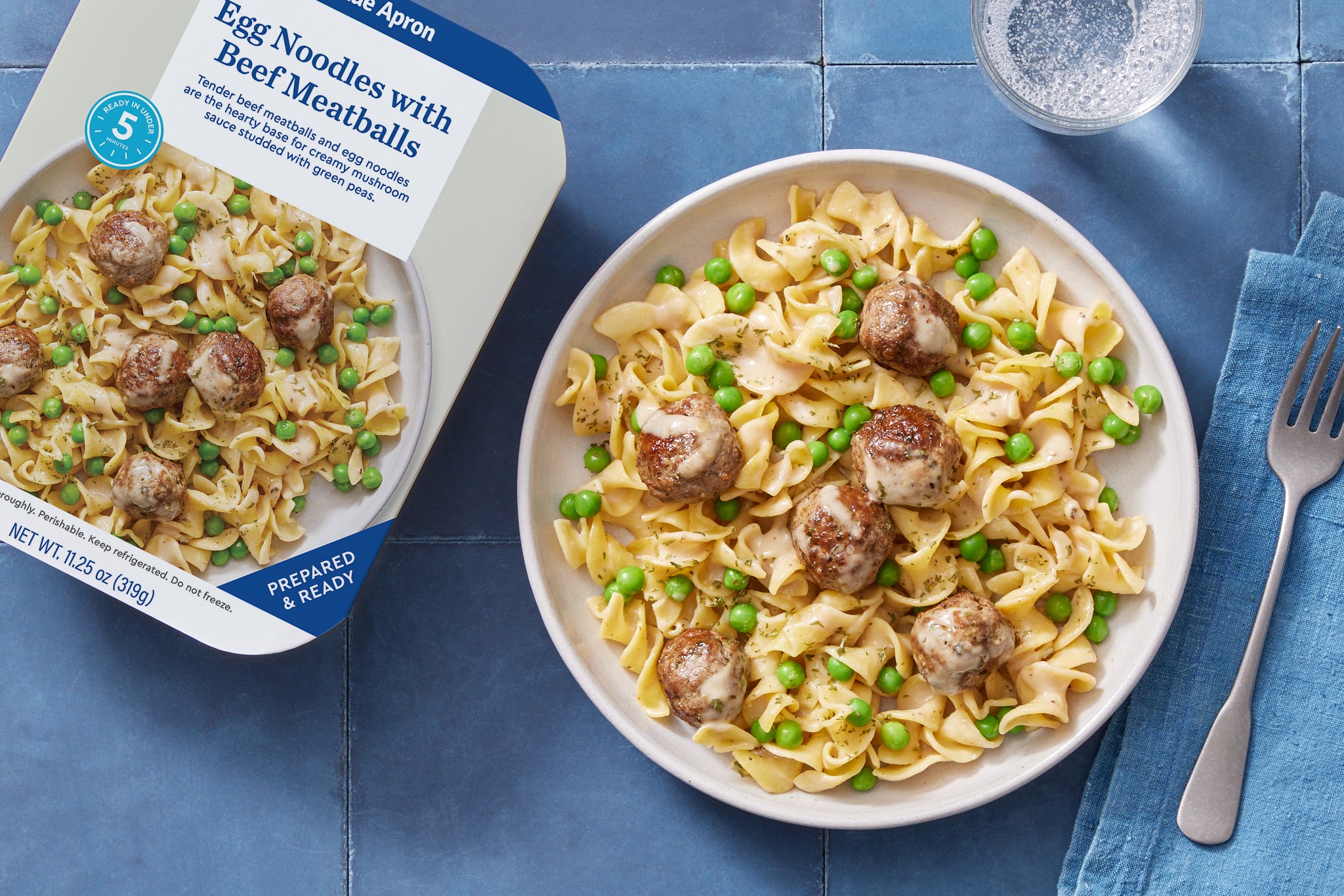 Recipe Egg Noodles & Beef Meatballs with Creamy Mushroom Sauce & Peas