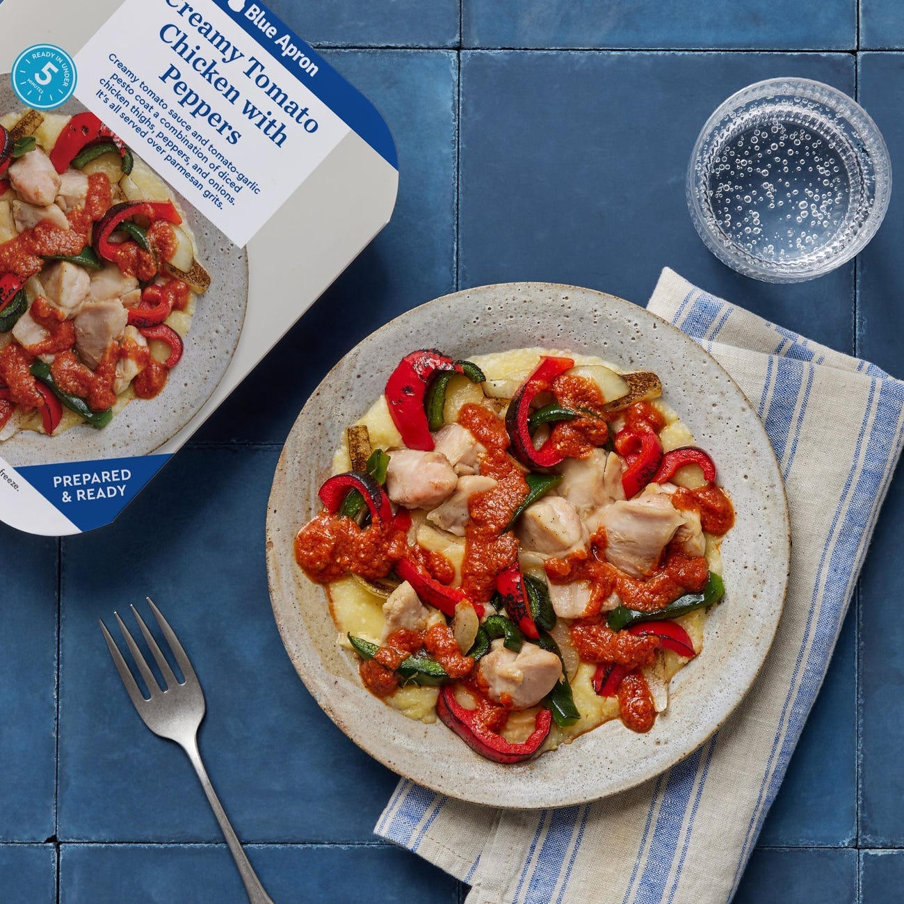 Recipe Creamy Tomato Chicken with Peppers & Parmesan Grits Blue Apron