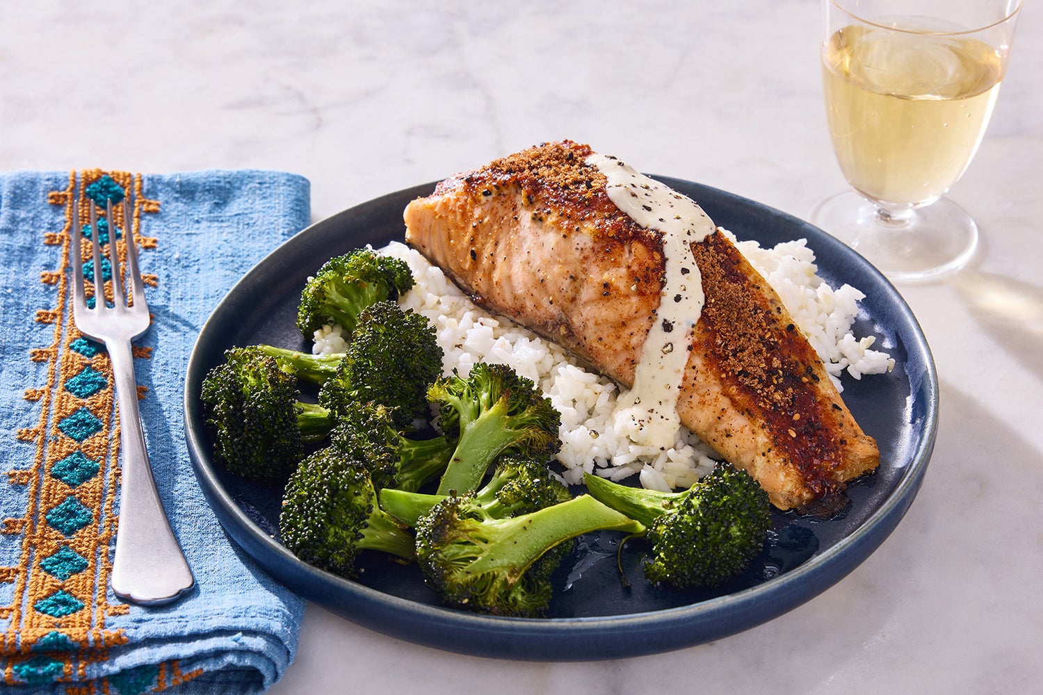 Sweet Paprika Roasted Salmon with Garlic Rice, Broccoli & Yuzu Mayo-image