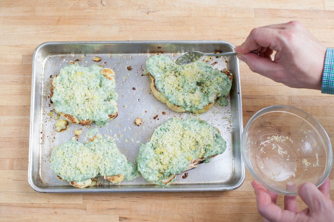 Recipe Cauliflower Steaks with Spinach Gratin & Green Beans Blue Apron