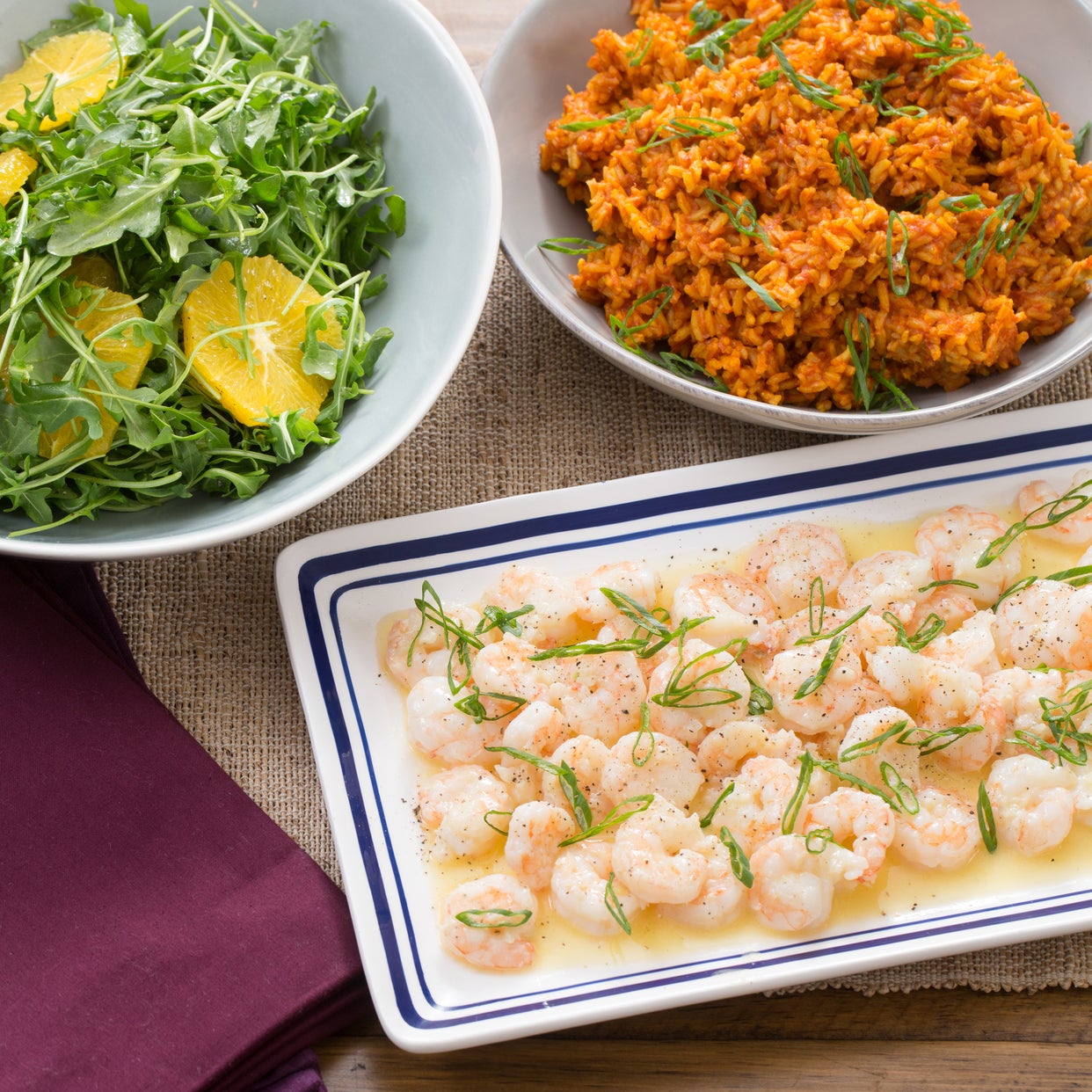 Recipe LemonButter Shrimp with Tomato Rice & ArugulaOrange Salad