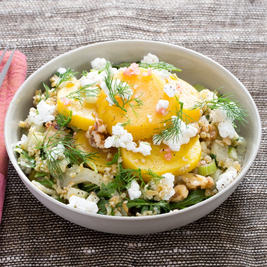 Recipe Warm Golden Beet & Freekeh Salad with Walnuts, Apple & Goat
