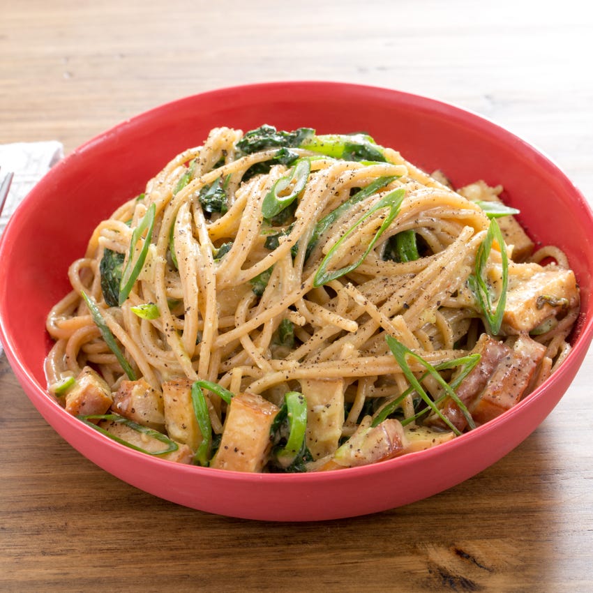 Recipe Whole Wheat Spaghetti Carbonara with Smoked Tofu & Pea Tips