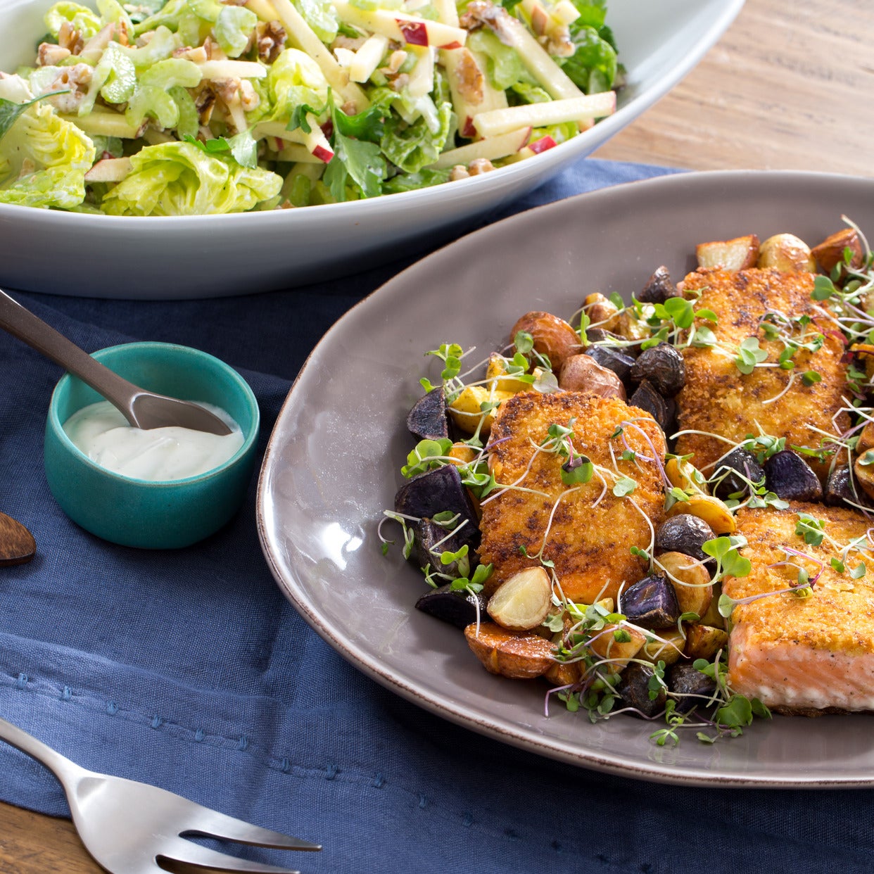 Recipe PankoCrusted Mustard Salmon with Roasted Potatoes & Waldorf