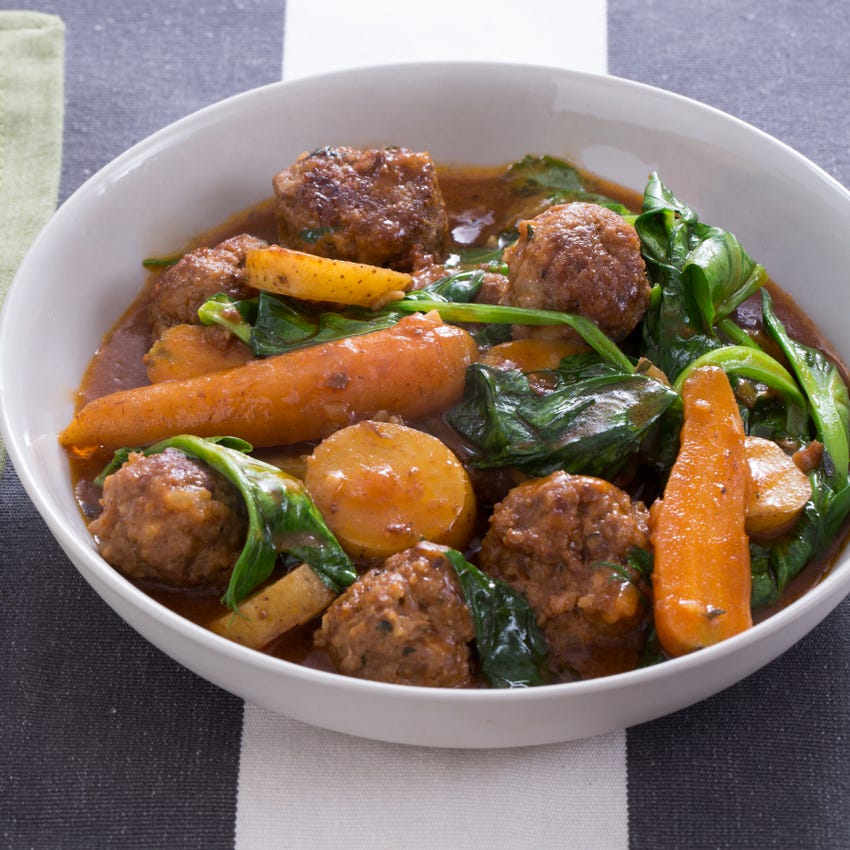 Recipe Navarin Style Lamb Meatball Stew With Pea Tips Carrots Blue Apron