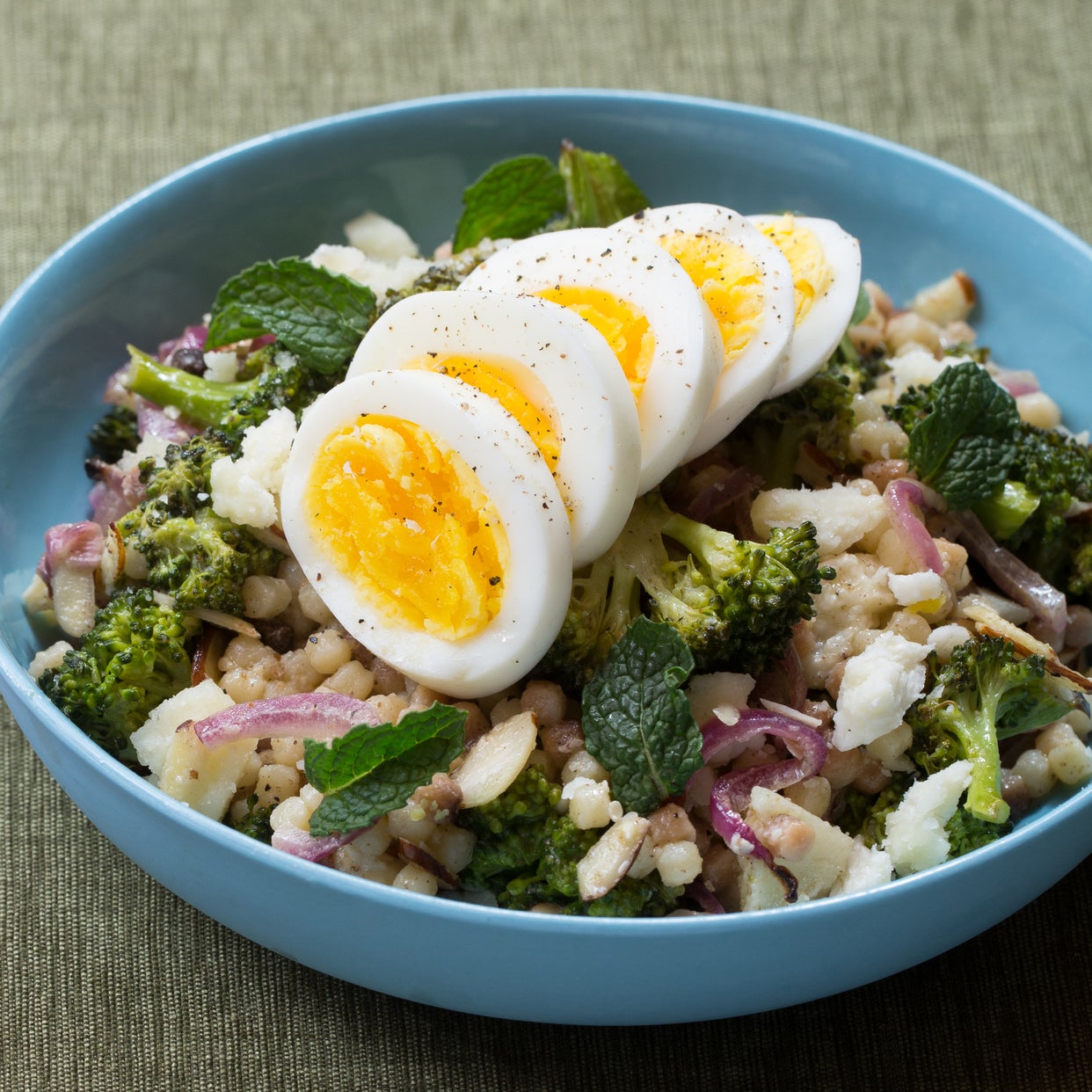 Recipe Roasted Broccoli & Fregola Sarda Salad with HardBoiled Eggs & Tahini Dressing Blue Apron