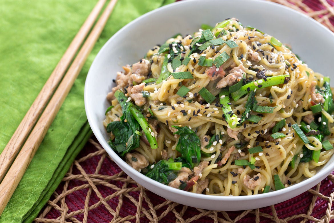 Recipe Triple Pork Mazemen with Roasted Garlic & Pea Tips Blue Apron