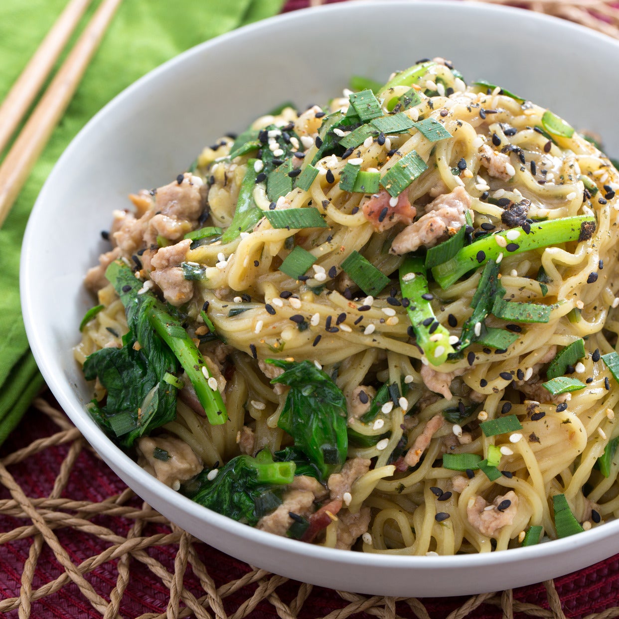 Recipe Triple Pork Mazemen with Roasted Garlic & Pea Tips Blue Apron