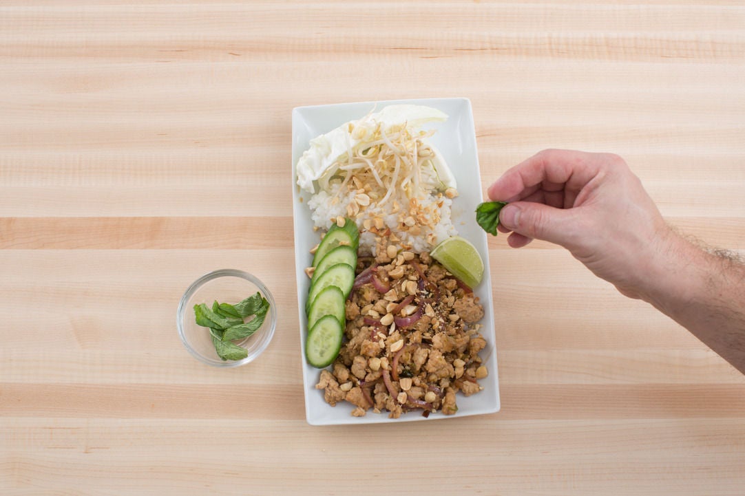 Recipe Laotian Larb Gai with Sticky Rice, Peanuts & Mint Blue Apron