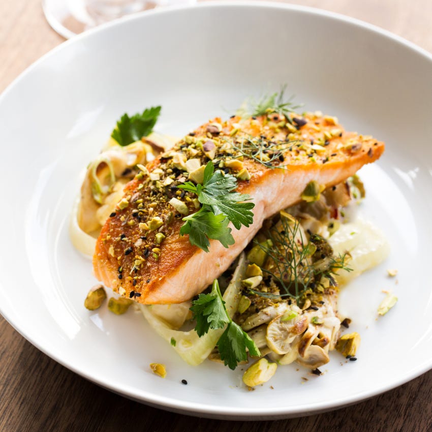 Recipe DukkahSpiced Salmon with Spring Vegetable & Oyster Mushroom