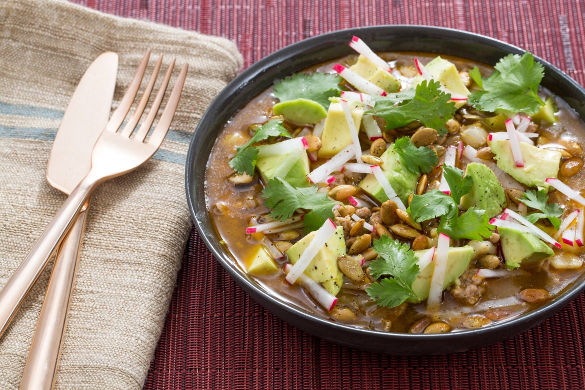 Recipe Pork & Tomatillo Pozole with Hominy, Avocado & Radishes Blue