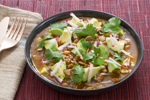 Recipe Pork Tomatillo Pozole With Hominy Avocado Radishes Blue Apron