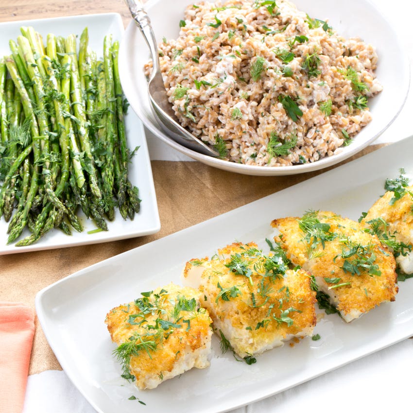 Recipe PankoCrusted Cod with Roasted Asparagus & Creamy Farro Salad