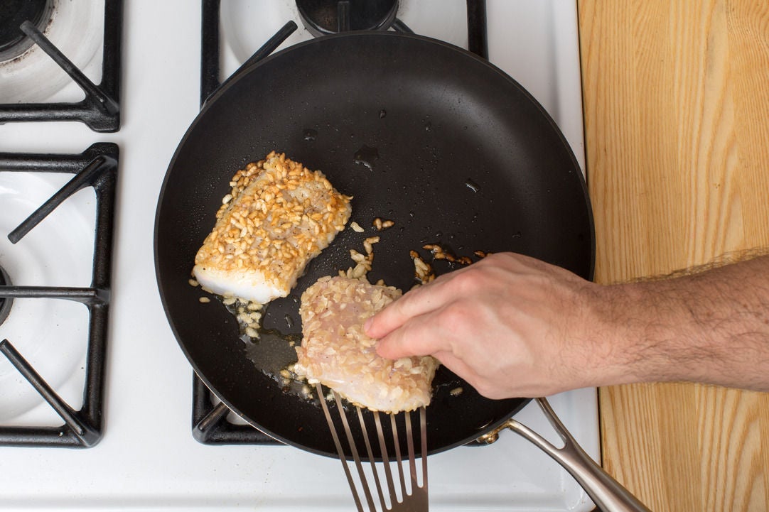 Recipe Rice FlakeCrusted Hake with Sautéed Daikon Radish & YuzuSoy