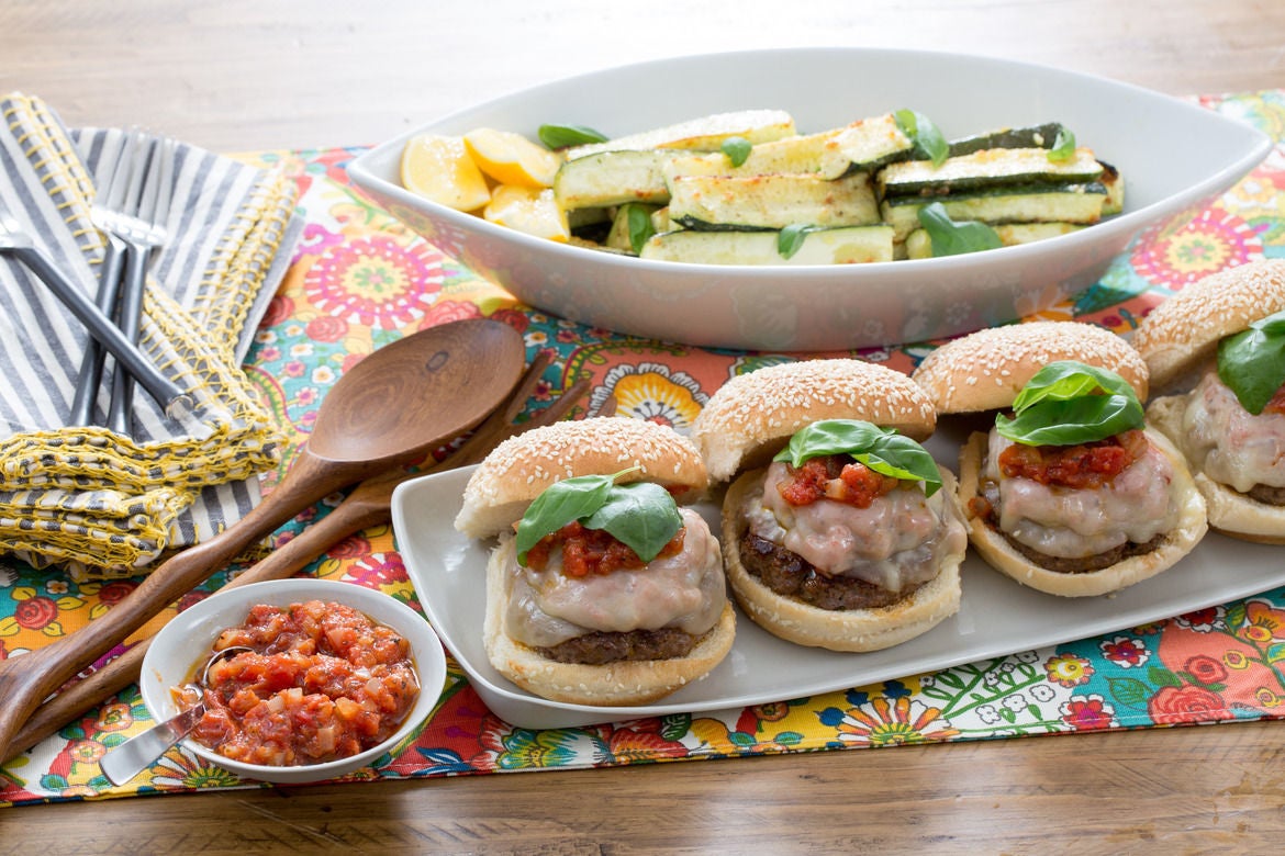 Recipe Pizza Burgers with GarlicParmesan Zucchini "Fries" Blue Apron