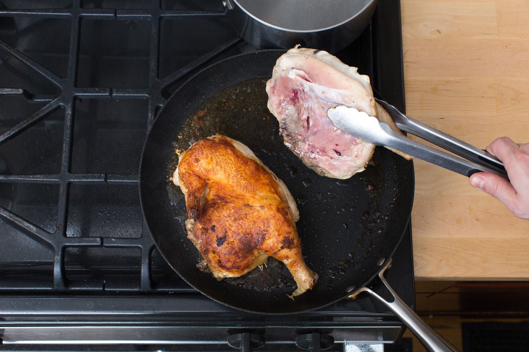 Recipe Chicken "Under a Brick" with Spring Vegetable Quinoa & Rhubarb